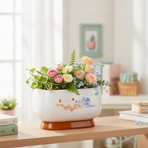 Image of Xtore Graceful Hand-Painted Ceramic Bonsai Planter Pot for Indoor & Tabletop Decor | Wide Round Bowl with Artistic Motif & Drainage Hole (Pack of 1, Planter Only)