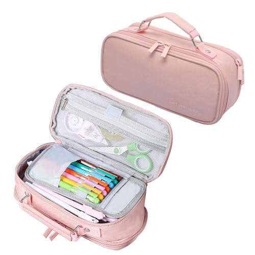 Image of Pencil Case Canvas Pen Pouch Large Capacity Organizer Multi-functional Pencil Bag with Zipper Compartments (Pink)