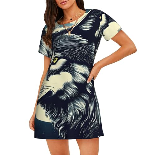 Chemise de nuit loup et lune pour femme avec manches courtes en coton doux