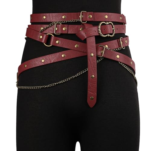 Image of HiiFeuer Medieval DIY Faux Leather Metal Chain Belt, Vintage Adjustable Thin Belt For Women, Retro Skinny Belt For Dresses (Red A)