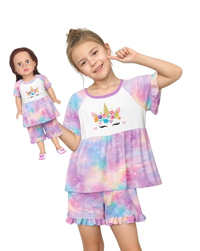 Image of LQSZ Matching Girls & Doll Pajamas Set for Toddler Girls Short Sleeves Cute Outfit Sleepwear