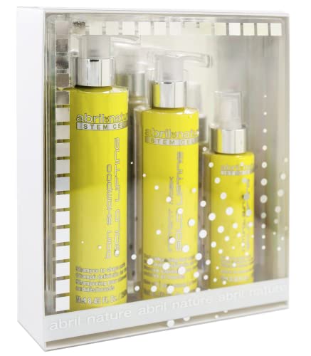 abril et nature - Pack Cadeau Ligne Gold Lifting - Pour Cheveux Frisés - Contient Shampoing, Masque Hydratant et Sérum pour les Cheveux - Traitement aux Cellules Souches - Puissant Anti-Frizz Cover