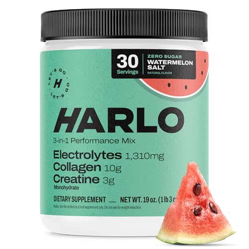 Harlo - Watermelon Salt Electrolyte Drink Mix w/Bovine Collagen & Creatine - Creatine Monohydrate Powder - Energy Drink Powder - Pre Workout Powder - Sugar Free Energy Drinks - Post Workout Recovery