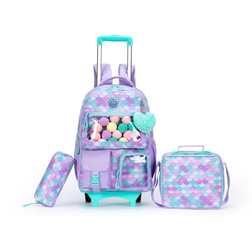 Girls 3 in 1 Rolling Backpack for School Girls Backpack with Wheels Girls Backpack with Lunch Box Set Kids Suitcase for Girls Elementary School Roller Bookbag Kids Travel bag with Wheels
