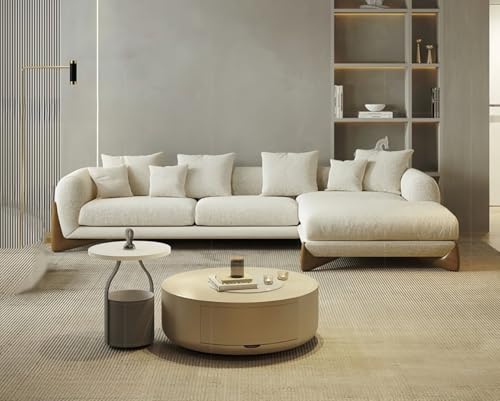 Image of Modern Sofa, Teddy Fabric, Chesterfield Style, Wooden Legs, for Living Room, Bedroom, Hallways (4 Seater, Sectional LHS)