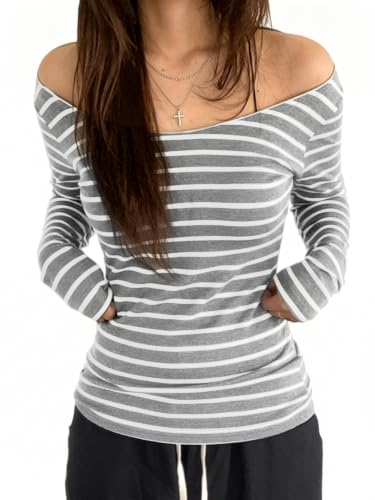 Image of Women Off Shoulder Striped Long Sleeve Top 2026 Fall Going Out Tee Shirts