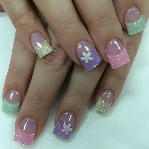 24 uñas postizas cortas de acrílico con punta francesa, diseño de flores acrílicas para pegar en el día de San Valentín