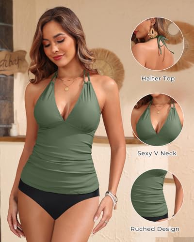 Image of Yonique Womens Two Piece Swimsuits Tummy Control Tankini Plus Size Bathing Suit Halter V Neck Swimwear