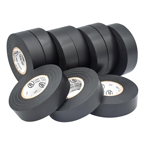 Image of TradeGear Black 10 Pack - UL Listed Colored Electrical Tape, 60 ft x 3 /4 in, 600V, Flame Retardant, Waterproof, Rubber Adhesive - Phase Marking, Wire ID, Automotive
