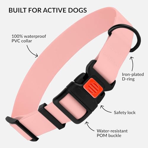 Image of Heavy Duty Waterproof Adjustable Dog Collar with D-Ring and Breakaway Buckle - PVC Coated Nylon, Odor & Mud-Resistant, Easy-Cleaning for Small, Medium, Large Dogs (Neck Fit 10 inch-13 inch, Baby Pink)