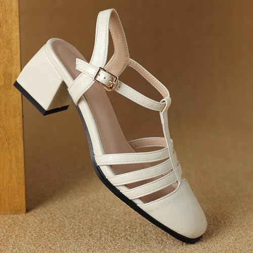 Block Heel Rome Sandals for Women Closed Square Toe T-Strap Pumps Shoes Elegant Buckle Strap Wedding Party Dress Sandals2