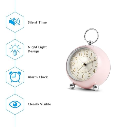 Titifeya Loud Bedside Alarm Clocks Non Ticking Battery Powered Silent Analogue Clock With Large Display Light Function Easy to Set Small Table Clock for Heavy Sleepers Bedroom Kitchen Office-Pink - Image 7