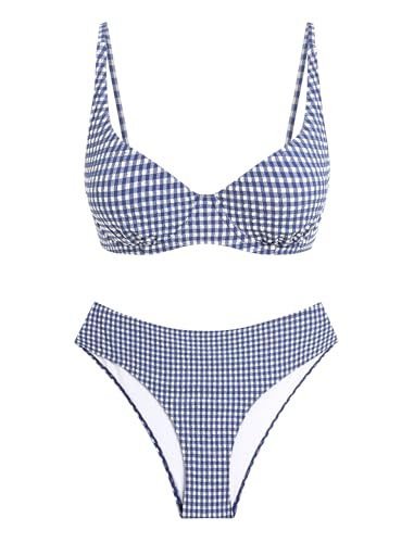 ZAFUL Navy Underwire Bikini Womens Gingham Bikini Sets High Waisted Underwire Swimsuits Full Coverage Two Piece Swimwear Plaid Bathing Suit M