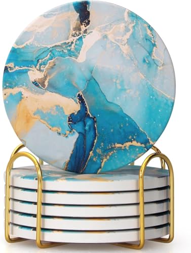 Image of 6 Pcs Light Blue Abstract Wood Coasters with Iron /Metal Holder Best Round Drink Coaster for Desk Lounge Coasters Coffee Wine Coasters Beverage Bar