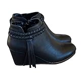 Fashare Womens Wedge Ankle Boots Braided Fringe Strap Western Heeled Fall Booties Dress Shoes,Leather Black, Size 8.5