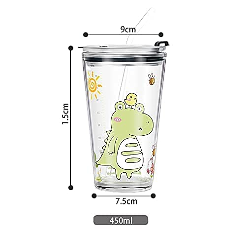 Image of 470ml Multipurpose Cartoon Print Jar with Glass Lid & Silicone Straw - Reusable Tea Cup, Milk, Juice, Thick Shake & Coffee Mug - Durable Printed Glass Mug for Home, Travel & Feet Use - Set of 1