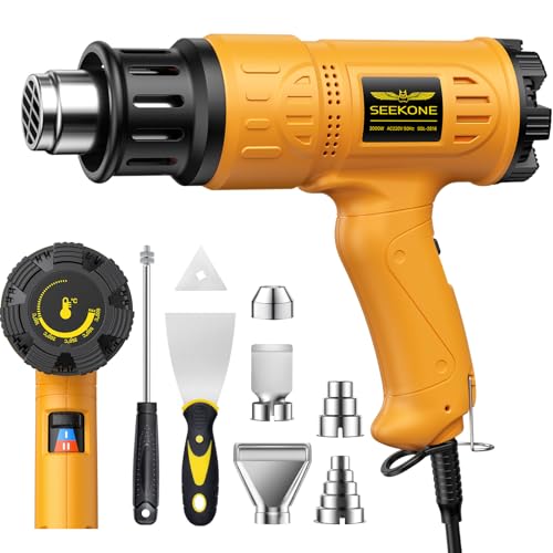 SEEKONE 2000W Professional Hot Air Gun 50℃- 600℃ Variable Temperature Control with 2-Temp Settings, Overload Protection, Double Heating Wire Fast Heating, 7 Accessories for Shrinking PVC