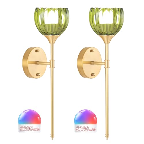 Image of Shenmoyl Battery Operated Wall Sconce Set of 2, Green Tulip Vintage Wall Light Fixture Rechargeable 5000mAh Battery Powered Wall Lamp with Remote for Living Room Bathroom