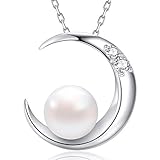 MEGA CREATIVE JEWELRY 925 Sterling Silver White Freshwater Pearl Moon Pendant Necklace Crystals from Swarovski