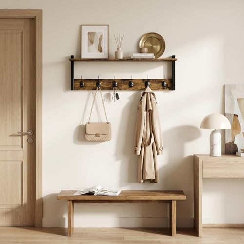 PURELLEL Garderoba ścienna, drewniany regał ścienny z 6 metalowymi haczykami, regał wiszący z listwami garderobiowymi, 70 cm, garderoba do wejścia, sypialni, salonu, korytarza, czarno-brązowy w stylu
