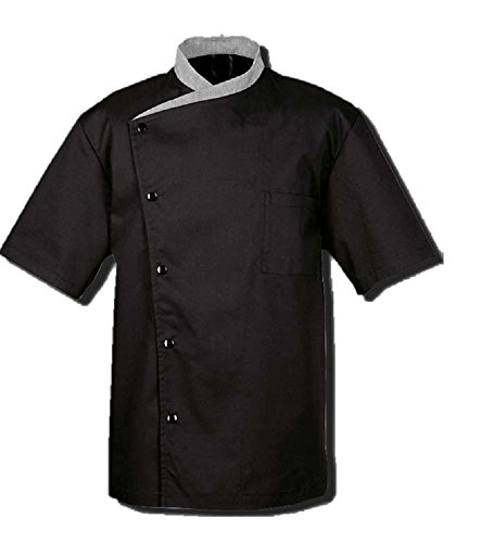 Short Sleeves Contrast Collar Unisex Stylish Chef Cook Coat Jacket (Black, Small)