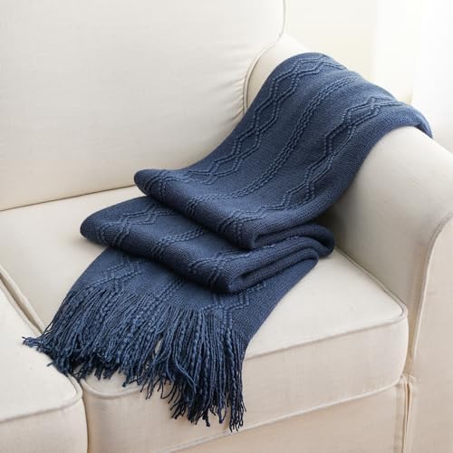 BATTILO Home Navy Throw Blanket for Couch, Lightweight Decorative Knit