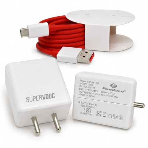 Image of 80W Super VOOC Fast Charger with USB-C Cable, Charging Adapter and Cable Set, USB-C Compatible with White Charger with Red Cable