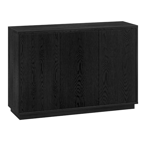 Henn&Hart 48" Fluted Sideboard Buffet Cabinet, Ribbed Credenza with 3 Doors, Adjustable Shelves, and Cable Management Cut-Outs for Dining Room, Kitchen, Living Room or Entryway, Natural Black