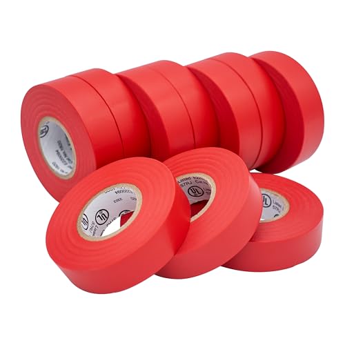 Image of TradeGear Red 10 Pack - UL Listed Colored Electrical Tape, 60 ft x 3 /4 in, 600V, Flame Retardant, Waterproof, Rubber Adhesive - Phase Marking, Wire ID, Automotive