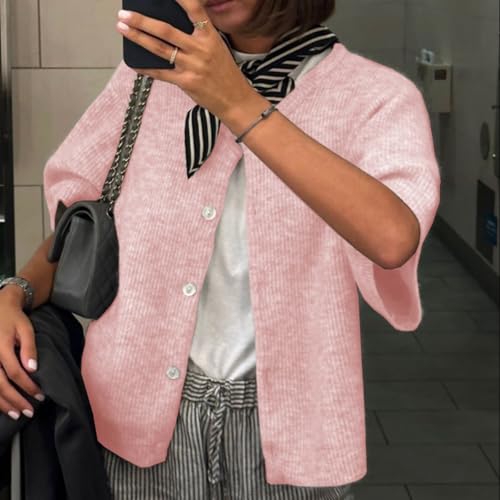 Image of Women Y2K Knit Cardigan Short Sleeve Crewneck Solid Color Button Down Tops Casual Going Out Sweater Streetwear