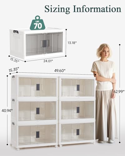 OlarHike 6 Pack 76QT Lockable Storage Bins with Lids - Folding Storage box with Doors and Wheels, Collapsible Plastic Storage Bins for Closets, Stackable Storage Organizer, Storage Containers