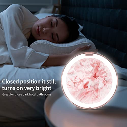 Newdermo Compact Mirror With Led Light, 5X Magnifying Rechargeable Mirror, 3.3'' Pocket Mirror, Travel Mirror For Purse, Pocket 2-Sided Makeup Mirror(Pink Marble) #TOP6