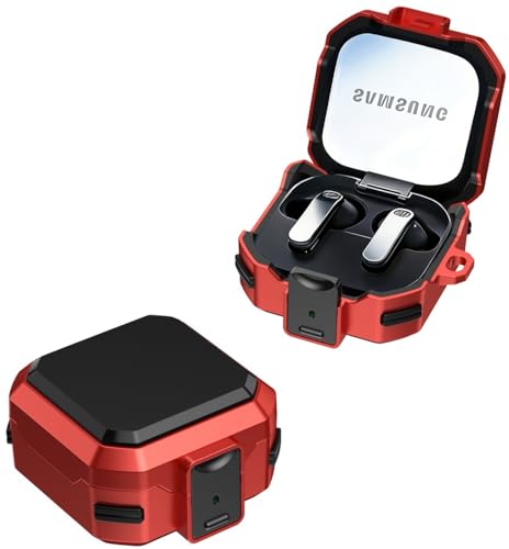 Image of Hybrid Lock Armor Case Cover for Samsung Galaxy Buds 4 and 4 Pro, Rugged, Shockproof with Heavy Duty Carabiner (Red, Armor with Lock)