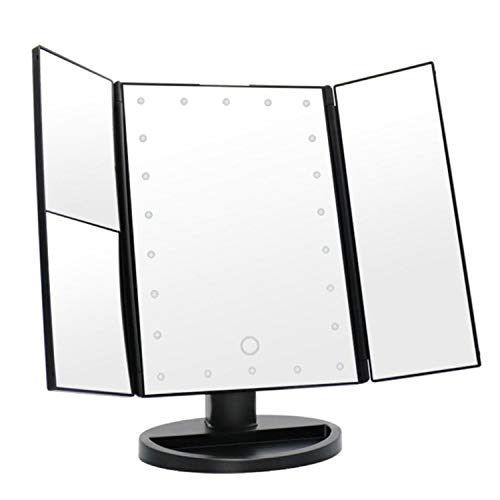 Bywabeé Tri-Fold Lighted Vanity Makeup Mirror with 22 LED Lights, Touch Screen and 3X/2X/1X Magnification Mirror, Two power Supply Mode Tabletop Makeup Mirror,Travel Cosmetic (Black)