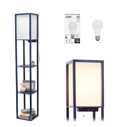 Simple Designs LF1037-NAV-LB Three Shelf Etagere Organizer Storage Floor Lamp with 2 Dual USB Ports and Charging Outlet, Navy Blue, with Feit LED Bulb Included