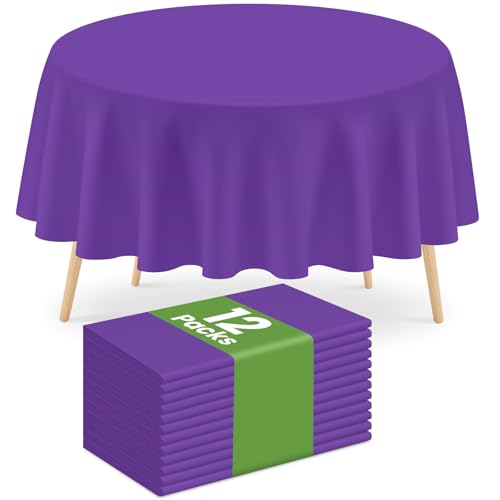 Image of Mulbozy 12 Pack Dark Purple Round Tablecloth, 84 Inches Plastic Table Cover, Premium Disposable Round Party Tablecloth for Restaurant Dinners, Wedding, Grad Party, BBQ, Outdoor Camping