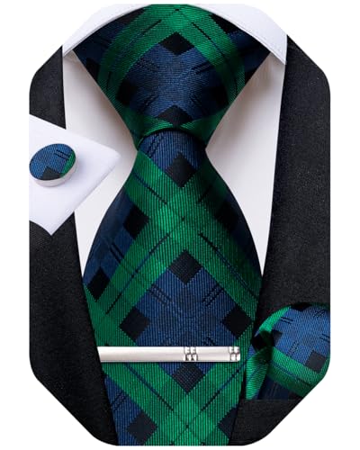 Image of DiBanGu Plaid Ties for Men Silk Checkered Necktie and Pocket Square Cufflinks Tie Clip Set with Gift Box for Wedding Business
