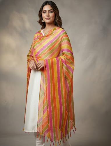 Image of Women's Cotton Blend Striped Print Dupatta with 2.20 Meters | Women's cotton printed dupatta with tassels
