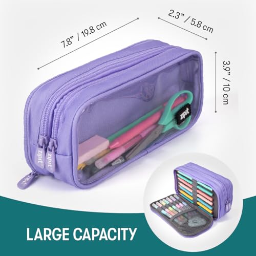 Image of ZIPIT Half & Half Pencil Case for Girls, 3 Compartment Zipper Pouch for School, Stationery Bag for Teen and Adults, Purple