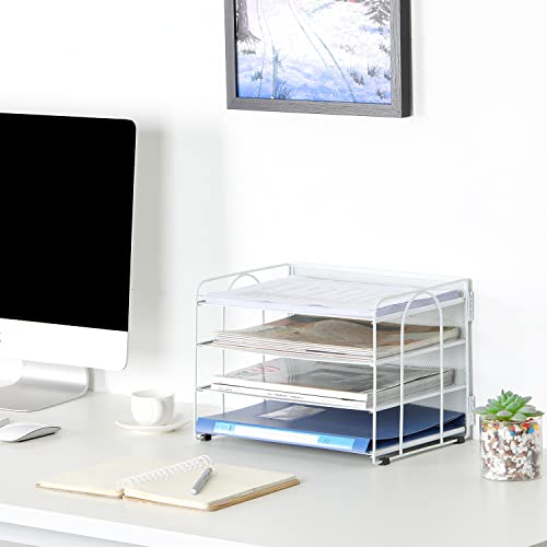 EasyPAG 4 Niveles Metal Malla A4 Bandeja Oficina Organizador Documentos Almacenamiento Papeles Soporte Archivador Clasificador Escritorio Estante Carta,Blanco - imagen 4