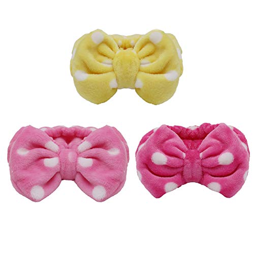 Shintop 3 Pack Flannel Cosmetic Headbands, Bowknot Elastic Hair Band Hairlace For Washing Face Shower Spa Makeup (Pink Polka Dots+ Rose Polka Dots+ Yellow Polka Dots) #TOP3