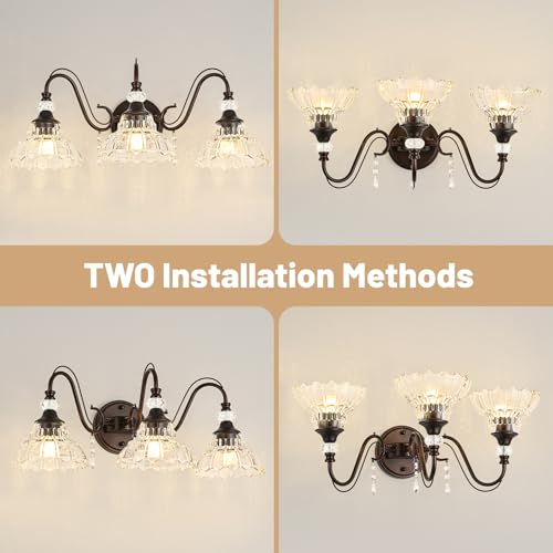 Image of Vintage Bathroom Vanity Light, 3-Light Oil Rubbed Bronze Finish Wall Sconce with Hanging Crystal Accents and Flower-Shaped Clear Glass Shades, Retro Wall Mount Vanity Light Over Mirror for Bathroom