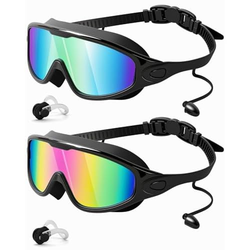 Rantizon Swim Goggles 2 Pack, Wide View Anti Fog&UV Swimming Goggles for Audlt, No Leaking Swim Glasses for Men Women Kids Aqua & Birght Rose Large fo