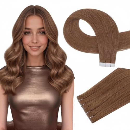 Image of Full Shine Invisible Injected Tape in Hair Extensions Human Hair Color 330 Orange Virgin Injection Seamless Tape in Hair Extensions 10Grams 5PCS Straight Brazilian Extension 16 Inch for Cosplay