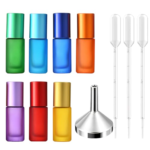 Roll on Botellas de cristal para aceite esencial, 7 unidades de 5 ml, botella vacía con rodillo de acero inoxidable, bolas con jeringas y embudo para aceites esenciales, perfumes, lociones, masaje,