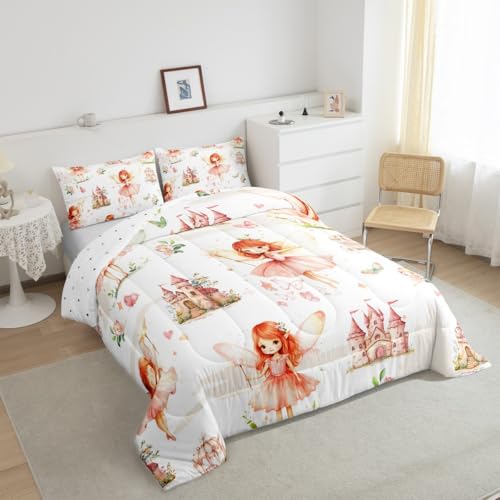 Image of Princess Castle Flower Comforter Set King Size Girls Kids Boys Duvet | Butterfly Cute Kawaii Breathable Soft Lightweight Quilt Set Bedding Set Bedroom Decor Microfiber Pink Warm Cozy All Season