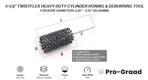 Image of 3-1 /2 inch 240 Grit Silicon Carbide TwistFlex Cylinder Hone, Fits 3.26 inch- 3.51 inch | Flexible Cylinder Honing, Deburring, Cross-Hatch Finishing Tool for Mild Steel, Stainless, Cast Iron, Softer Ferrous Metals