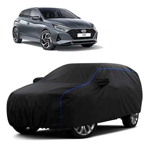 Image of Sulfar 100% Water Resistant Car Body Cover Compatible with Mirror for Hyundai i20 (Triple Stitched, Full Bottom Elastic, Black Tafetta with Blue Piping)