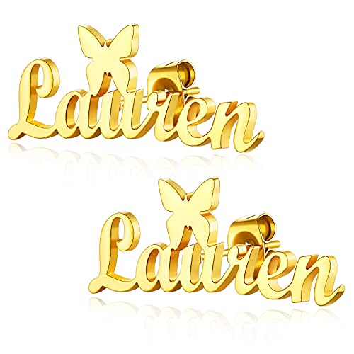 Custom4U Name Earrings Personalized for Women Stainless Steel/925 Sterling Silver/Gold Plated Custom Made Stud Earrings with Monogram Initials Letters/Nameplated Customized Jewelry (Gift Box