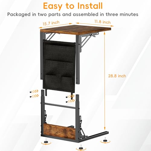 Image of Folding TV Tray Table, Small Folding Side Table with Storage Bag, Portable C Shaped End Stand for Couch Sofa Bed, Rustic Brown